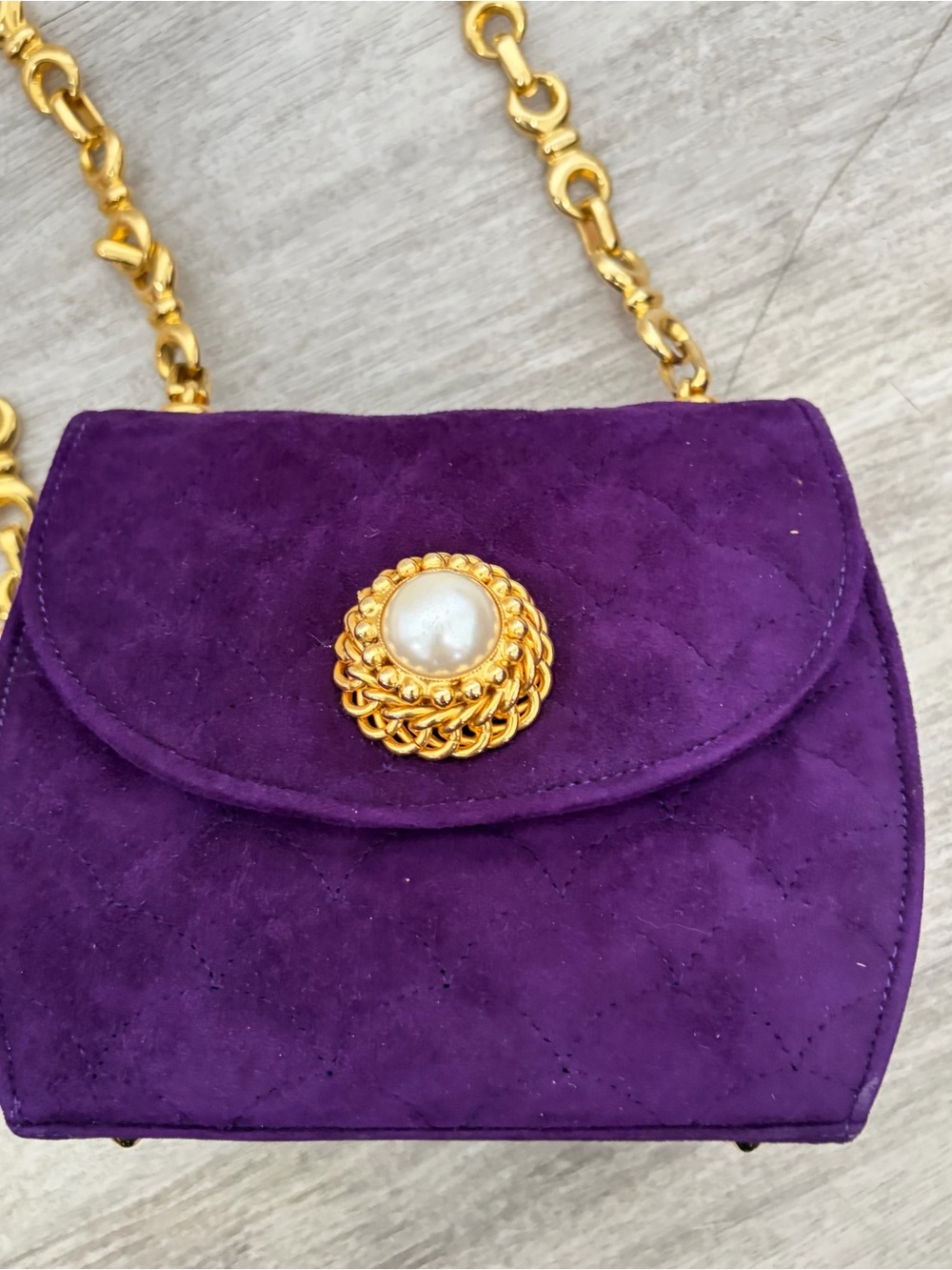 Henri Bendel Purple Velvet Mini Evening Bag Pearl Gold Leather Made In Italy - Picture 2 of 14
